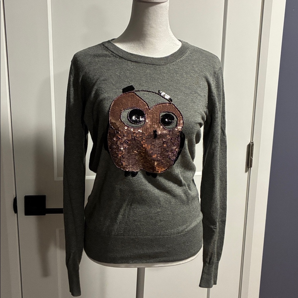 French Connection Gray Knit Top with sequinned owl - size S